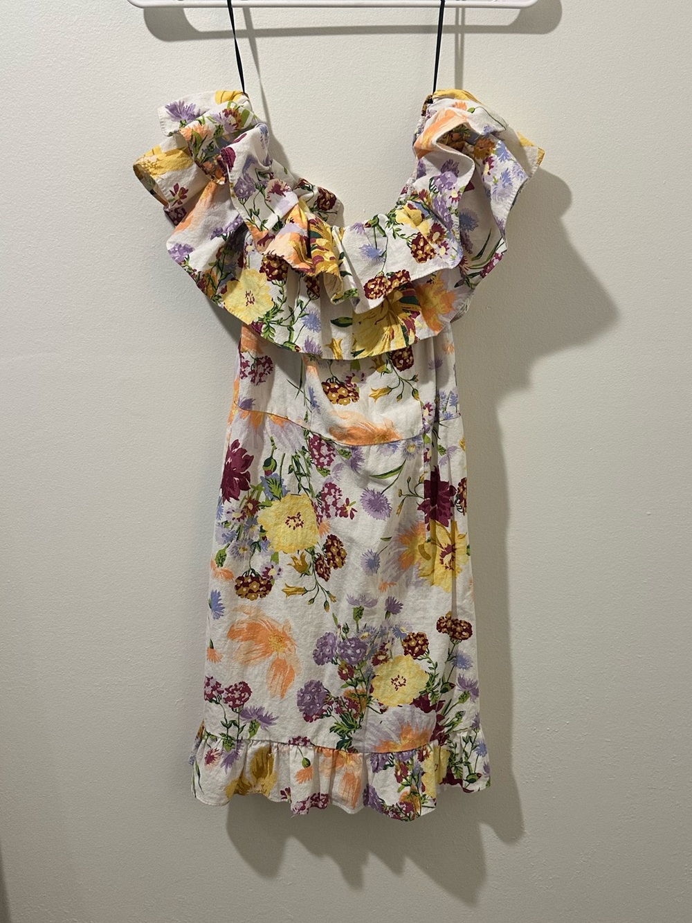 H&M White Floral Ruffle Mini Dress with Yellow & Purple Accents